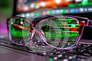 Glasses reflecting green computer code on laptop keyboard