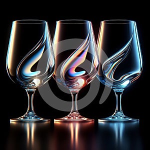 Glasses with refraction light and holographic effect on dark background