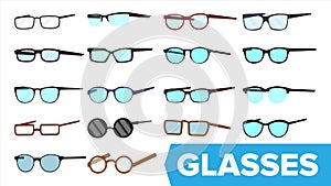 Glasses Set Vector. Modern Glasses Icon. Different Eyewear Types. Eyeglasses With Frame. Blue Lense. Flat Cartoon