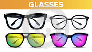 Glasses Set Vector. Modern And Vintage Eyewear Glasses. Vision Optical Icon. Classic And Hipster Transparent Fashion