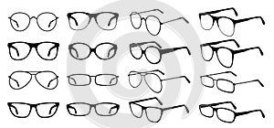 Glasses silhouette. Cool eyeglasses, fashion black eyewear. Stylish retro sunglasses. Glass medicine spectacles. Vector