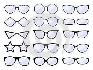 Glasses silhouette. Stylish frame eyeglasses, black eyewear models. Fashion spectacles glass. Hipster sunglasses. Vector photo