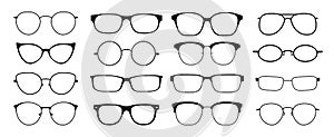 Glasses silhouette. Sun glasses hipster frame set, fashion black plastic rims, round geek style retro nerd glasses photo