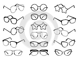 Glasses silhouettes. Modern eyeglasses, fashion black eyewear symbols. Stylish retro sunglasses. Medical spectacles