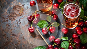 Glasses Of Sparkling Cherry Beer On Rustic Table, Fresh Cherries In Foreground, Summer. AI Generated