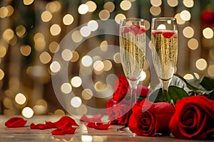 glasses with sparkling wine or champagne and red roses on table with bokeh lights in the background