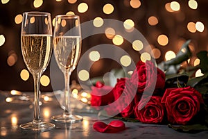 glasses with sparkling wine or champagne and red roses on table with bokeh lights in the background