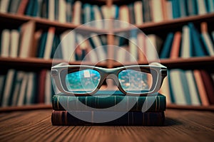 The glasses are on a stack of books on a table in the library. Reading scientific or artistic books. AI generated