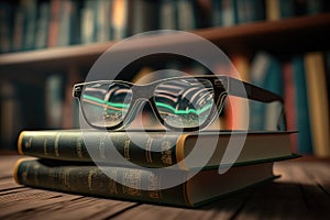 The glasses are on a stack of books on a table in the library. Reading scientific or artistic books. AI generated