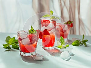 Glasses of strawberry cocktail or mocktail, refreshing summer drink with crushed ice and sparkling water on a light background.
