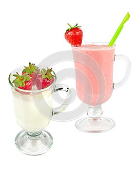 Glasses with strawberry smoothie and strawberry fruit isolated on white. Collage. Vertical photo