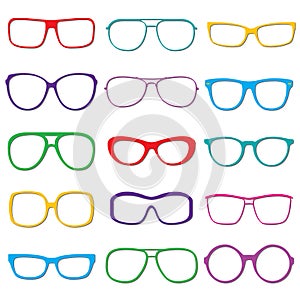 Glasses and sunglasses outline set isolated on white background. Colorful sunglasses silhouettes. Vector illustration.