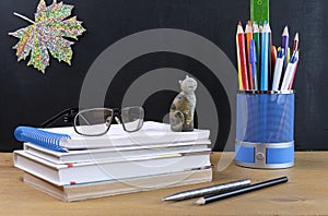 Glasses, textbooks and school supplies in an organizer against the background of a black chalk board. School concept