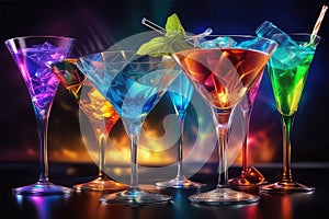 Glasses with various cold colorful beverages on dark background. Cocktails set.Weekend or holiday party. Cocktail bar.