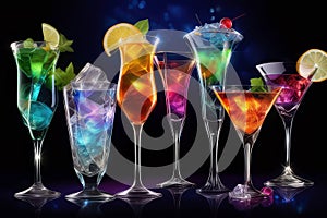 Glasses with various cold colorful beverages on dark background. Cocktails set.Weekend or holiday party. Cocktail bar.