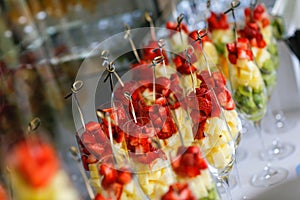 Glasses with various natural fresh juice and fruits