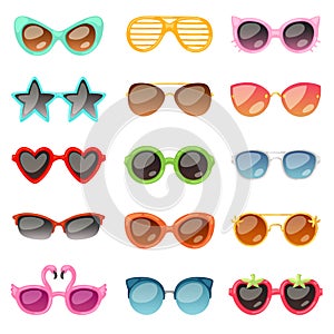 Glasses vector cartoon eyeglasses or sunglasses in stylish shapes for party and fashion optical spectacles set of