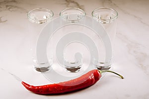 glasses of vodka and red hot chili pepper on the bar/glasses of vodka and red hot chili pepper on the bar. Selective focus