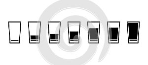 Glasses of water with different measure, icon set. Simple signs different levels of water. Full, half full, empty glass