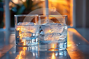 Glasses of water with ice on a reflective surface, ideal for beverage ads and health blogs. Trendy Mexican food.