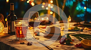 Glasses of whiskey beside twinkling holiday lights, cozy and warm