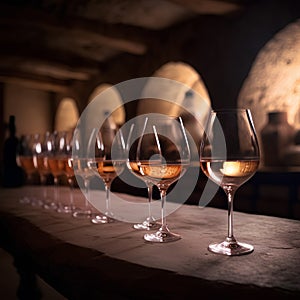 Glasses of white wine on background of wooden oak barrels in cellar of winery