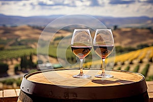 Glasses of white, wine on an old wooden barrel in the vineyard