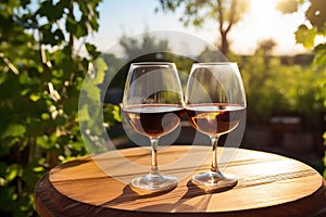 Glasses of white, wine on an old wooden barrel in the vineyard