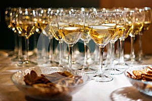 Glasses of white wine, standing in a row. Party, celebrating theme. Alcoholic drinks stand on the bar. Wine glasses