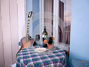 Glasses of wine on balcony