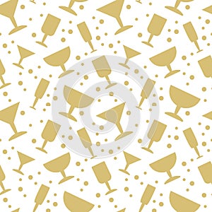 Glasses of wine, champagne, splashes, bubbles. Seamless Vector pattern in flat style . Monochrome