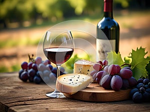 Glasses with wine and cheese on a blurred background of a bright vineyard