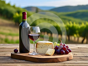 Glasses with wine and cheese on a blurred background of a bright vineyard