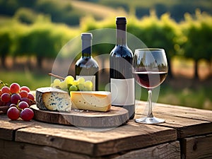 Glasses with wine and cheese on a blurred background of a bright vineyard