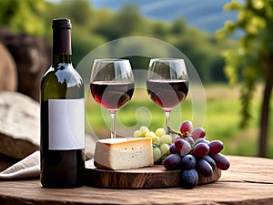 Glasses with wine and cheese on a blurred background of a bright vineyard