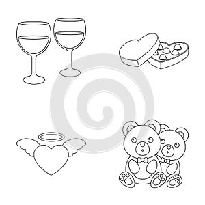 Glasses with wine, chocolate hearts, bears, valentine.Romantik set collection icons in outline style vector symbol stock photo