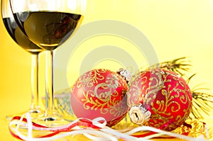 Glasses of wine and Christmas balls