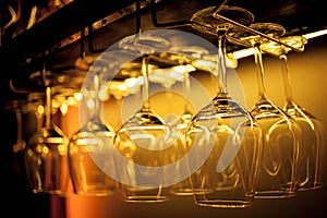 Glasses of wine. Glasses hanging above the bar in the restaurant. Empty glasses for wine