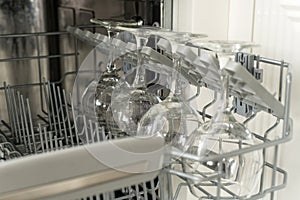 Glasses of wine are stacked rhythmically in the dishwasher