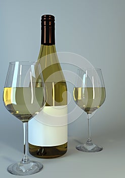 Glasses of wine and wine bottle with blank label