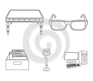 Glasses, a wooden table, a floor lamp, a box with books. A library and a bookstore set collection icons in outline style