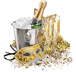 Bottle of Champagne in Ice Bucket with Flutes