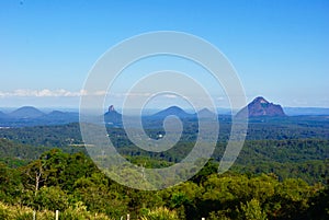 Glasshouse Mountains from scenic observation deck at Mary Cairncross Scenic Reserve