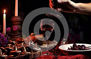 glassing wine with stuffed mushroom