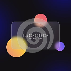 Glassmorphism effect with transparent glass plate on abstract background with moving colored circles. Frosted acrylic