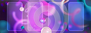 Glassmorphism mobile phone screens mockup with blurred floating abstract shapes on purple background