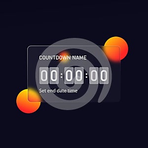 Glassmorphism style. Countdown timer counter icon. Remaining countdown. Realistic glass morphism effect with set of transparent