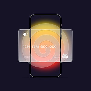 Glassmorphism style. Phone with credit card icon. Cashless payment. Realistic glass morphism effect with set of transparent glass