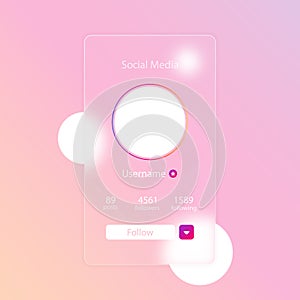Glassmorphism style. Social media preview page. Internet profile information. Follow button. Photo mockup. Realistic glass
