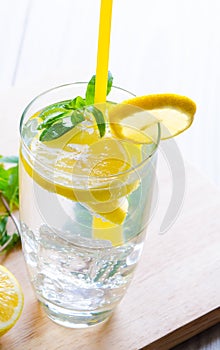 Glasss of mojito with lemon and drinking straw